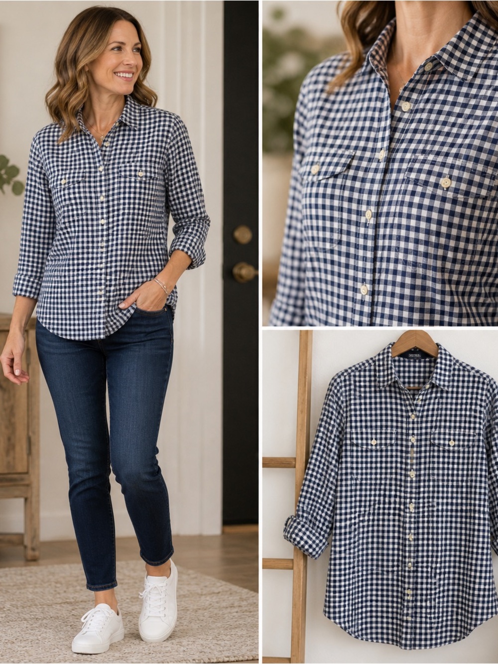 St John’s Bay Blue White Checked Shirt Button Down Long Sleeve Nice Cond Small